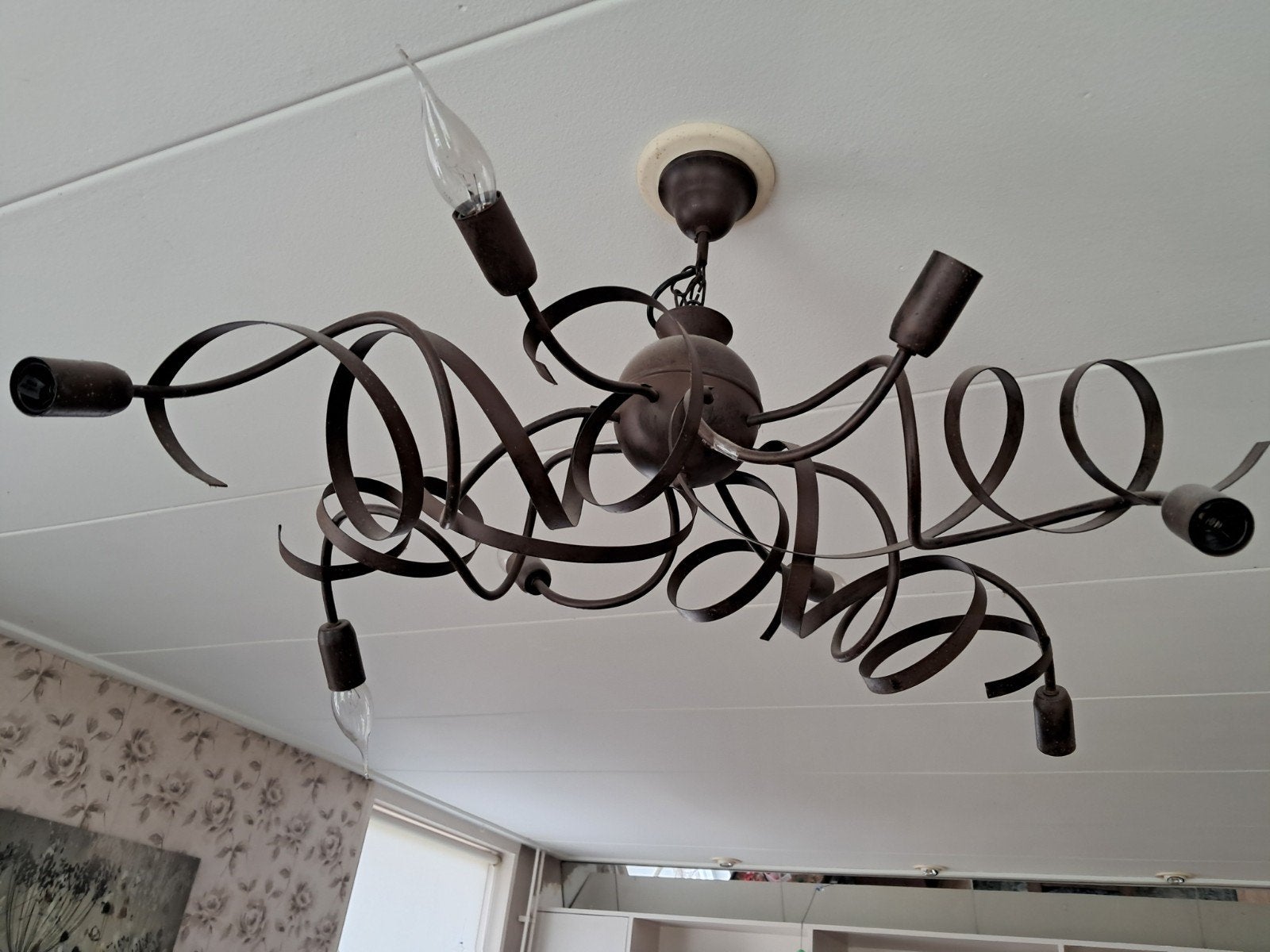 Unieke metalen vloerlamp/plafondlamp met krullen, Ophalen, Metaal, 150 tot 200 cm