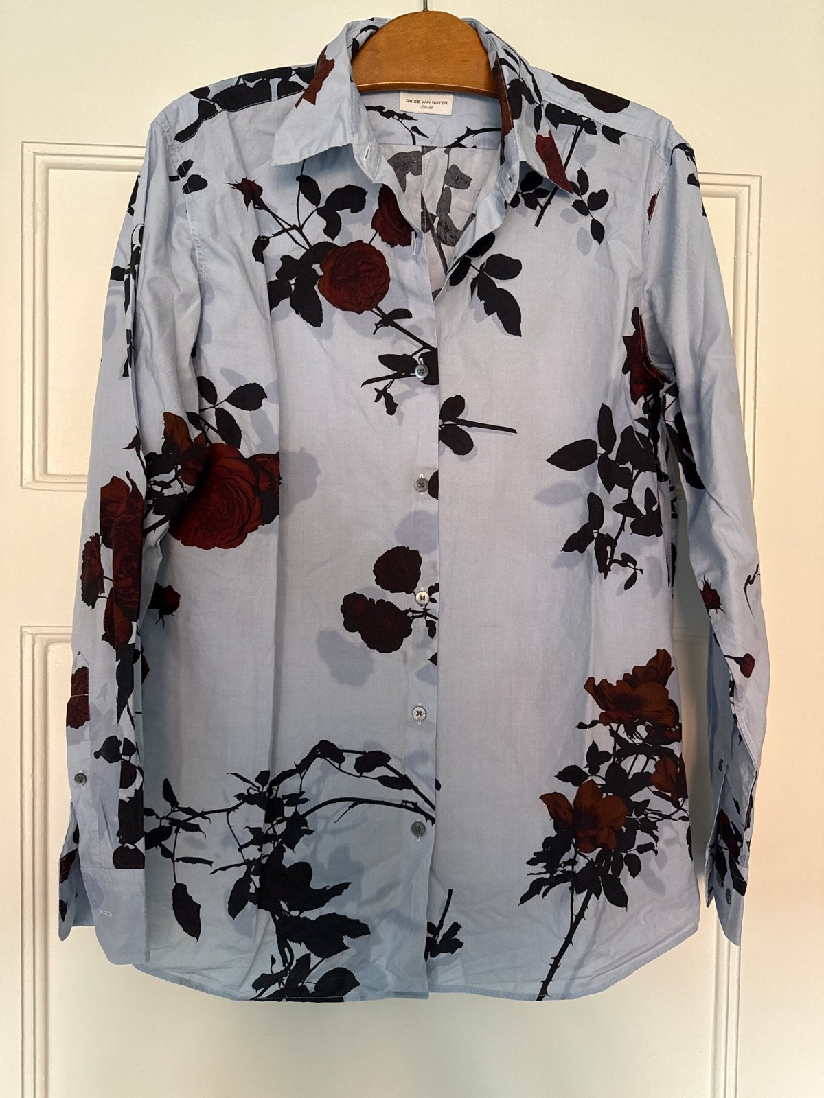 Dries Van Noten overhemd met rozenprint m 38, Kleding | Dames, Ophalen of Verzenden, Zo goed als nieuw, Maat 38/40 (M), Blauw