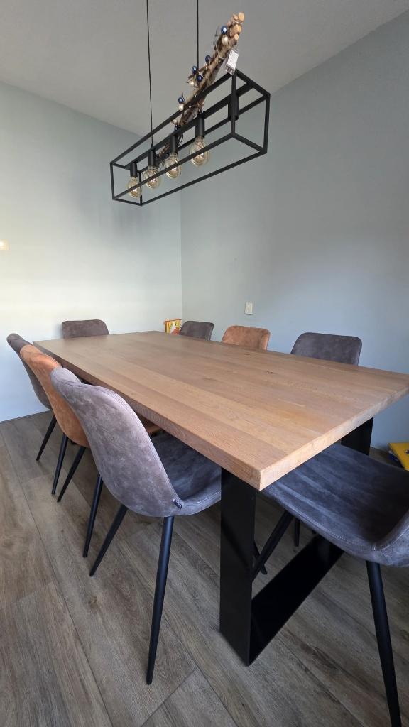 Prachtige robuuste eikenhouten eettafel + 8 MX Sofa stoelen, Ophalen, Gebruikt, Eikenhout, 200 cm of meer