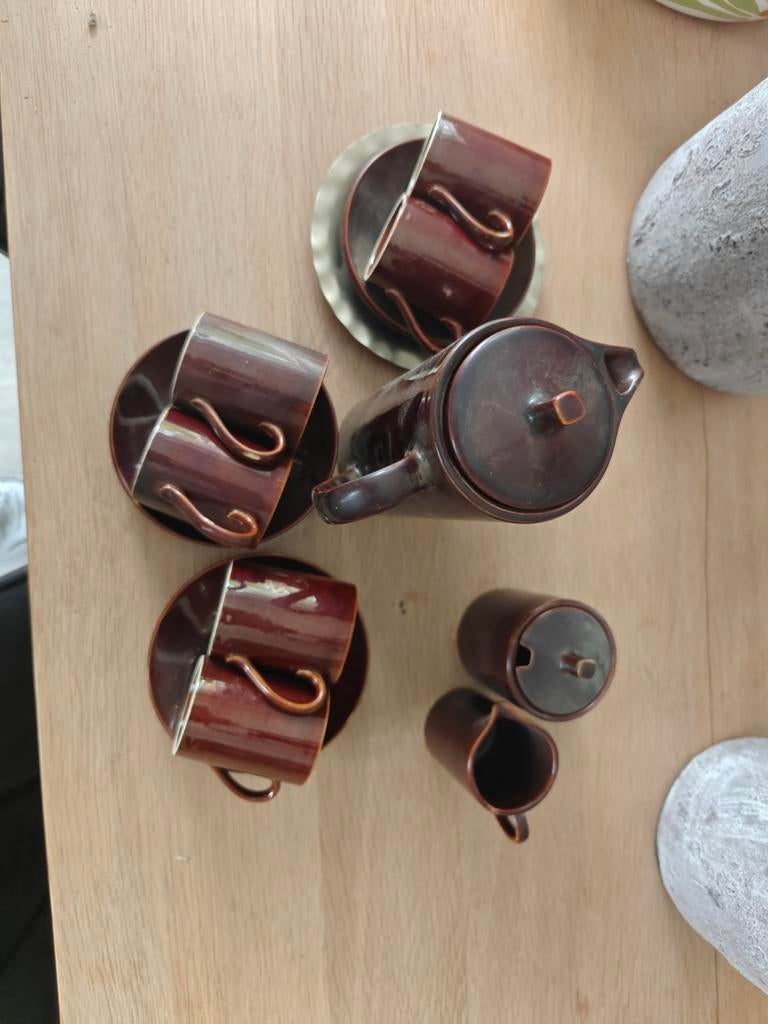 Vintage bruin koffieservies - 6 kopjes, pot, melk & suiker, Ophalen of Verzenden