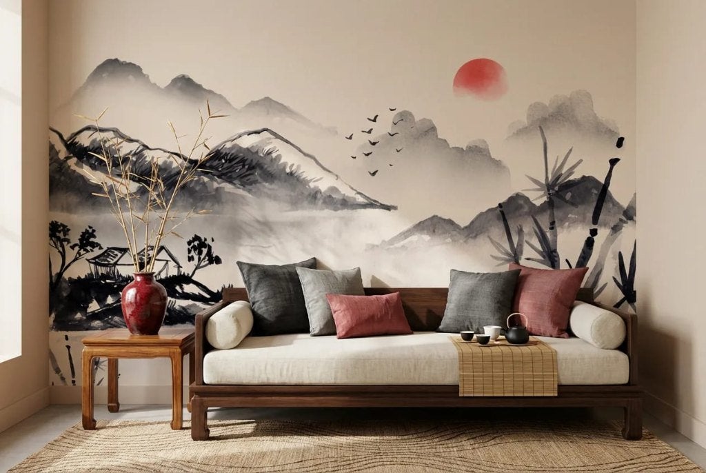 Landschap behang – Japanse bergen met rode zon, Zwart, Natuurlijk, Overige merken, Ophalen of Verzenden