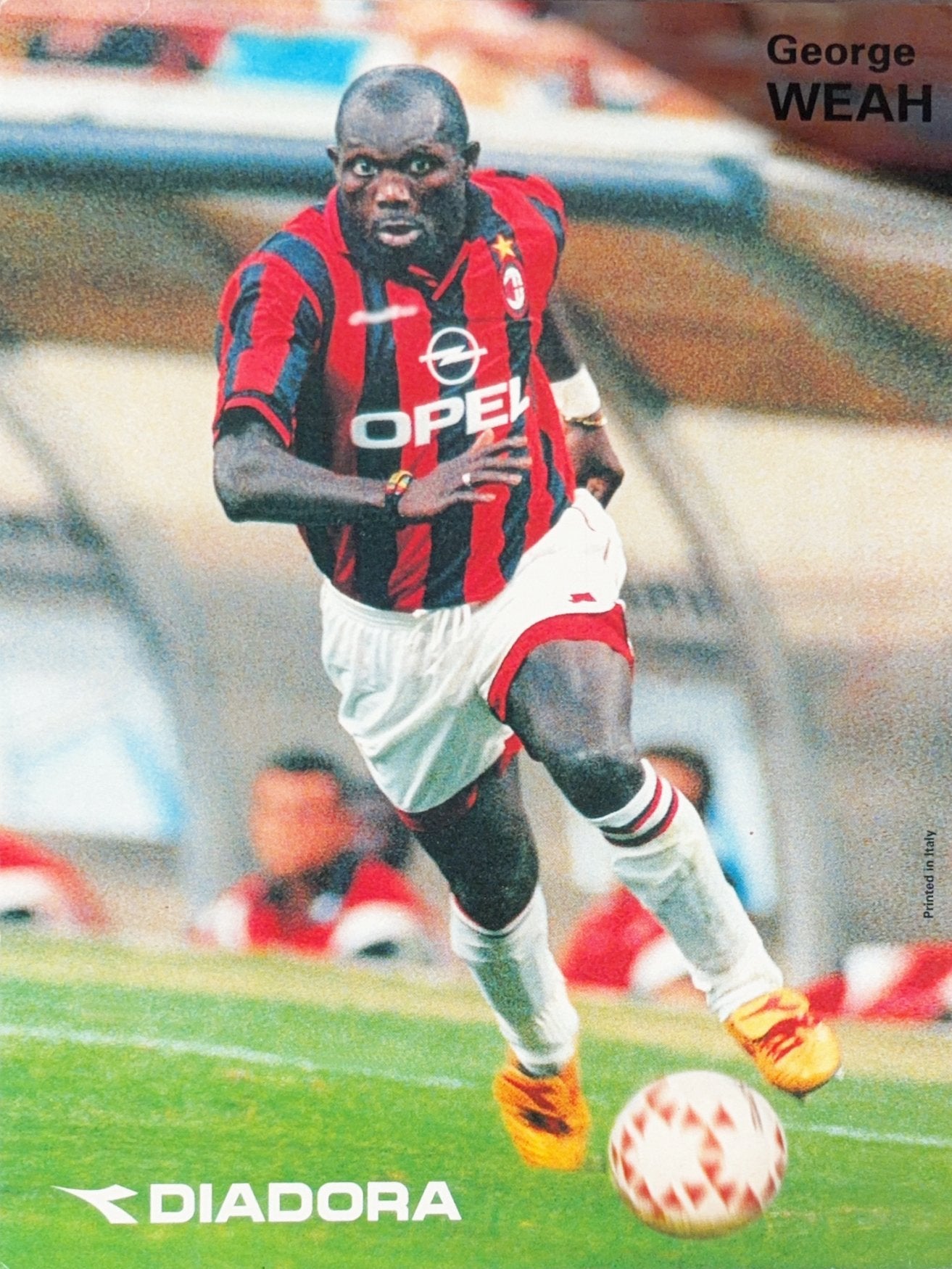Spelerskaart George Weah - AC Milan - Diadora reclamekaart, Ophalen of Verzenden, Zo goed als nieuw, Feyenoord, Spelerskaart
