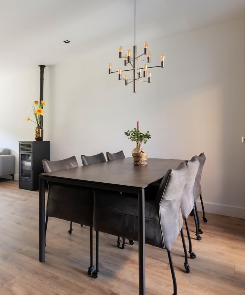 Eetkamertafel keramiek met 6 lederen stoelen, Ophalen, Zo goed als nieuw