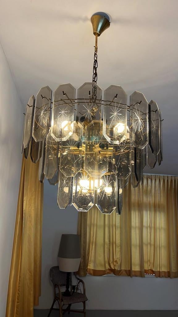 2 x Vintage Veca Cascade Italiaanse kroonluchter, jaren '70, Ophalen, Gebruikt, Glas, Hollywood Regency stijl