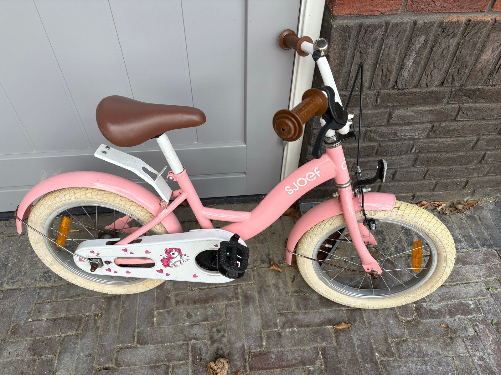Sjoef meisjesfiets 16 inch - Roze met eenhoorn, Terugtraprem, Gebruikt, Ophalen of Verzenden, Handrem