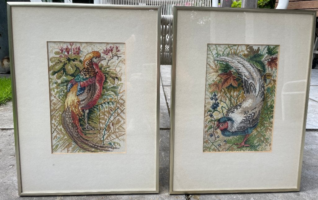 Set van 2 Vintage Borduurwerken Fazanten (Inclusief Lijst), Ophalen of Verzenden