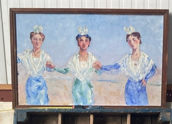 Drie dansende vrouwen olieverf op doek Zuid- Frankrijk, Antiek en Kunst, Kunst | Schilderijen | Klassiek, Ophalen