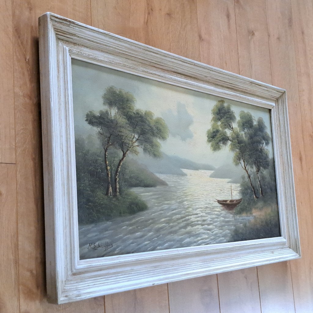 93cm gesign groot olieverf schilderij canvas hout lijst boot, Ophalen, Gebruikt, Oorspronkelijke maker, Schilderij