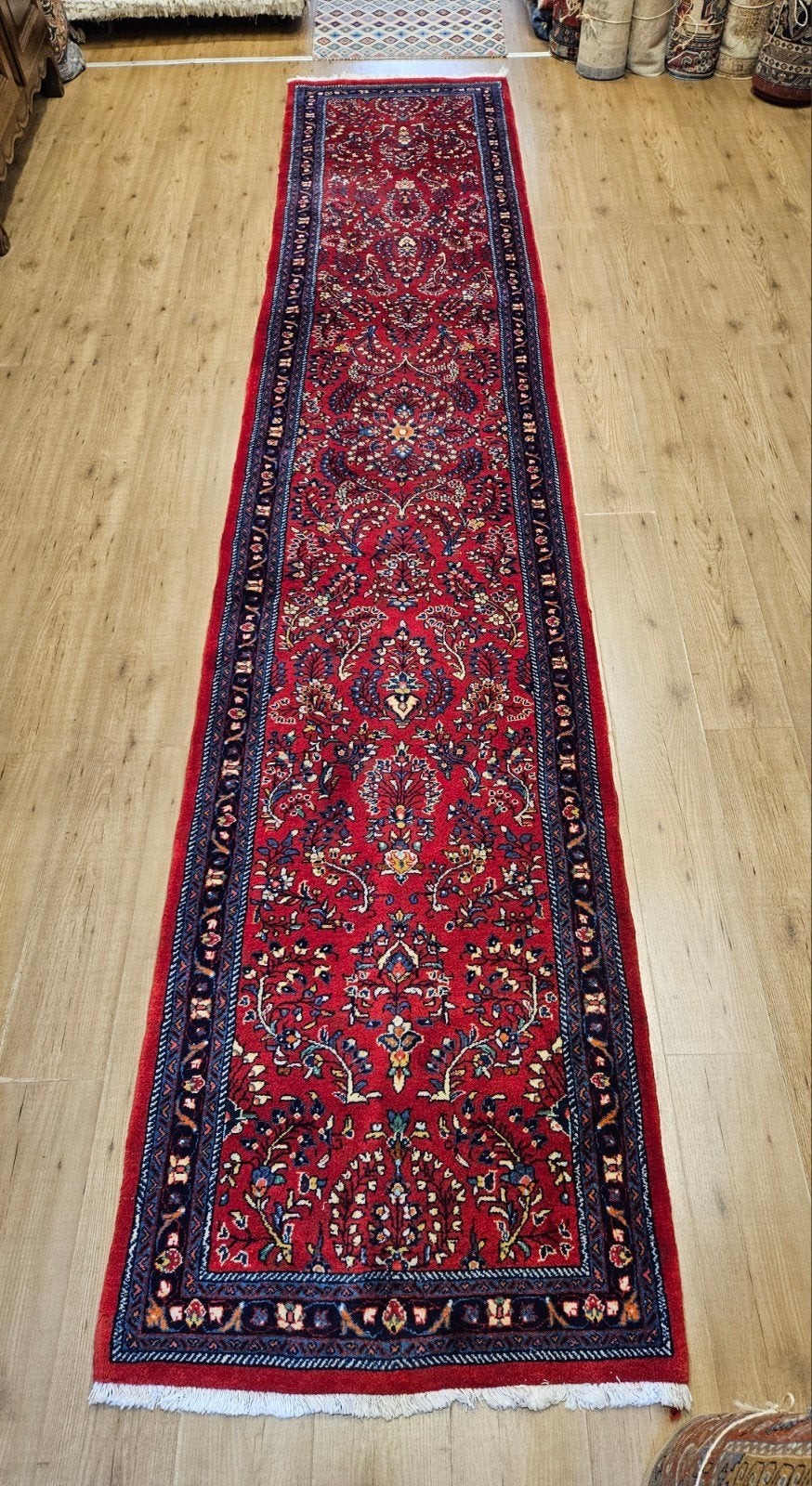 Handgeknoopt perzisch tapijt loper sarough 438x88