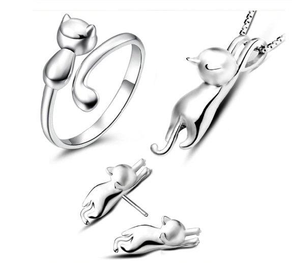 Mooie zilveren set met katten, Ophalen of Verzenden, Dame, Zilver, Zilver