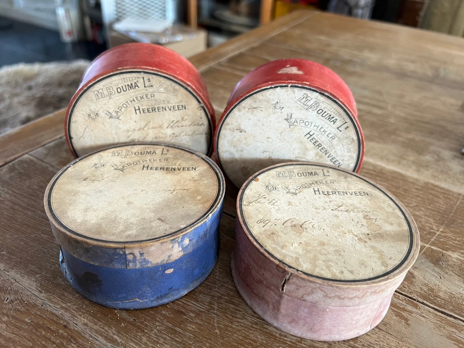 4 x OUD APOTHEEKDOOSJES M. B . BOUMA HEERENVEEN, Ophalen of Verzenden