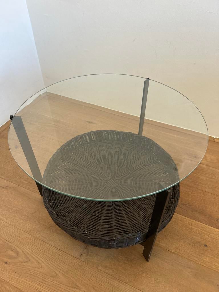 Ronde rieten lectuurbak met glazen blad -  55cm, Gebruikt, Rond, Glas, Minder dan 50 cm