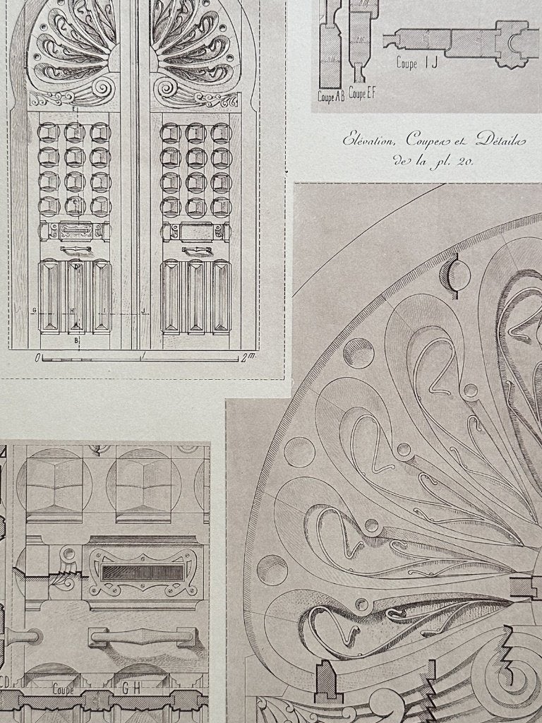 Ontwerptekening Art Nouveau Deur - Antieke Franse Litho 1910, Verzenden, Blanco verso, Lithografie, Architectuur