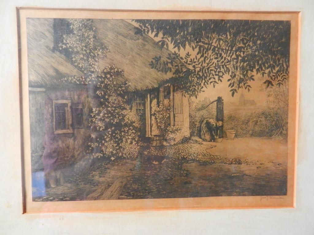 Ets Boerderij met erf en boerin Jac. Koeman 18,8 x 27,4 cm, Ingelijst, Ets, 19 cm, Ophalen of Verzenden