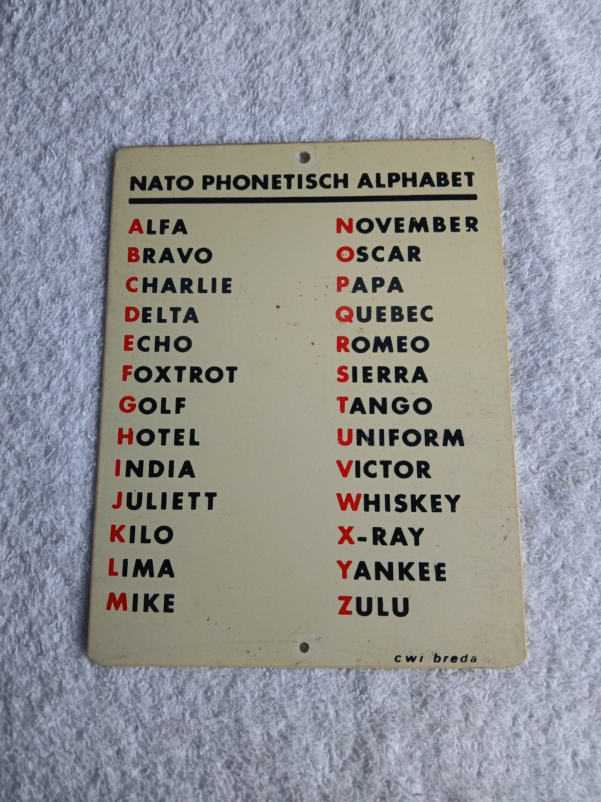 NATO Fonetisch Alfabet Bordje  Vintage, Ophalen of Verzenden, Gebruikt