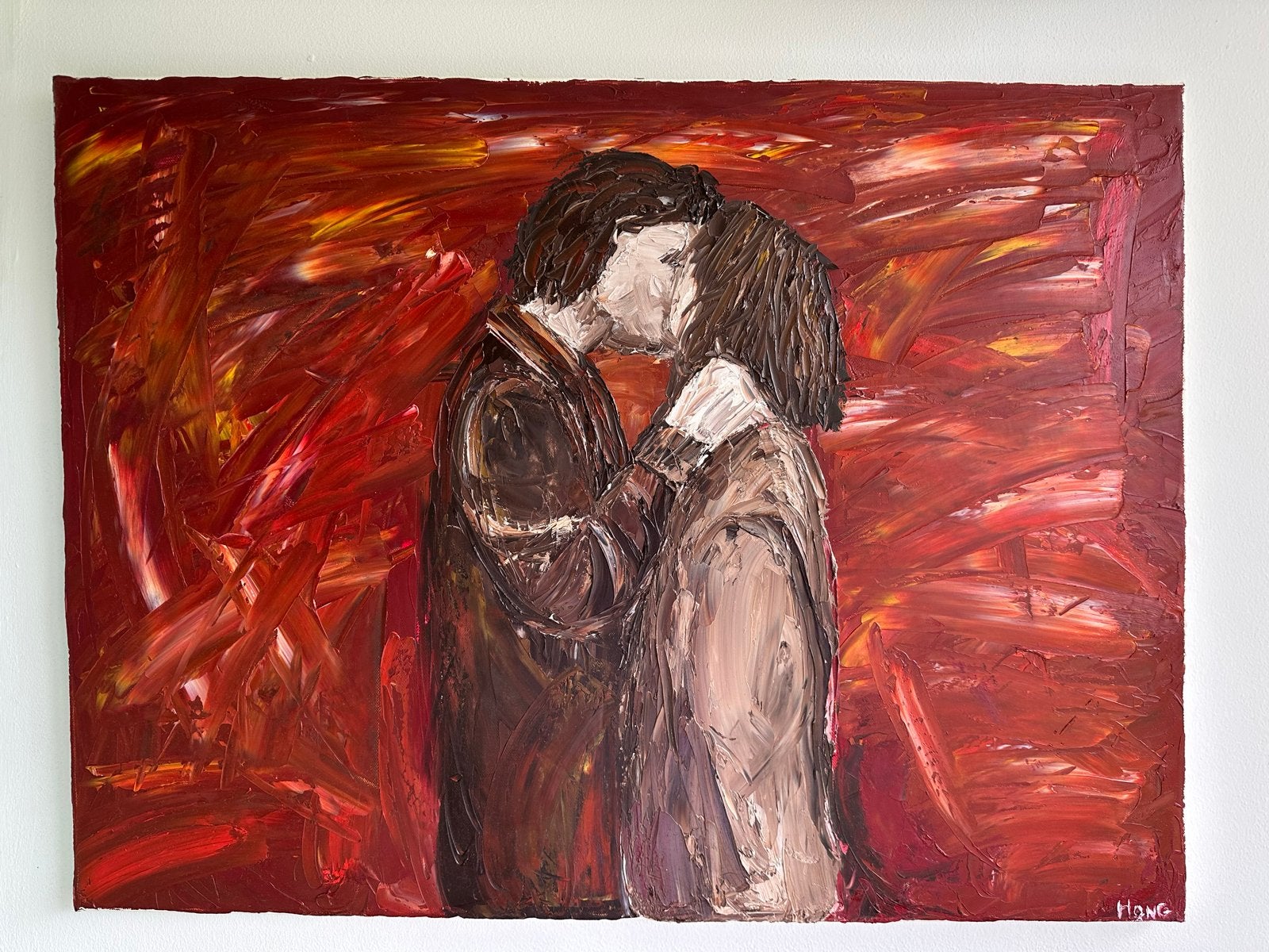 Origineel olieverfschilderij: De Kus (60x80 cm), Antiek en Kunst, Ophalen, Figuren, Handgeschilderd, Olieverf