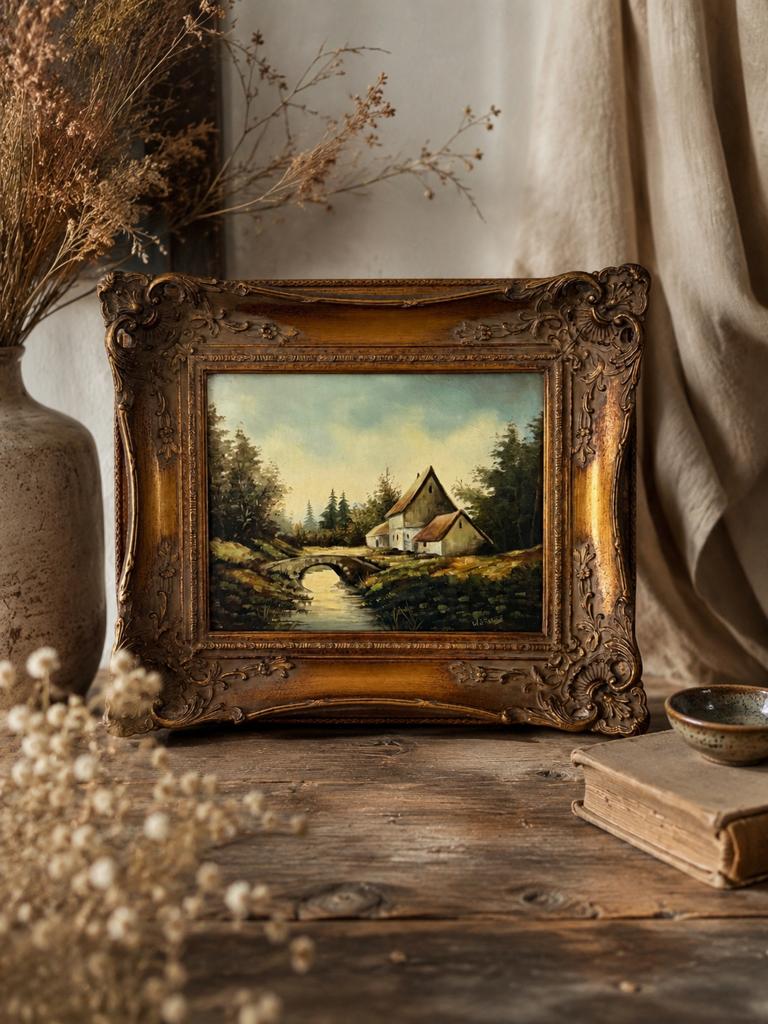 Gesigneerd Schilderij: Wetering met Huis en Brug, Antiek en Kunst, Kunst | Schilderijen | Klassiek, Ophalen