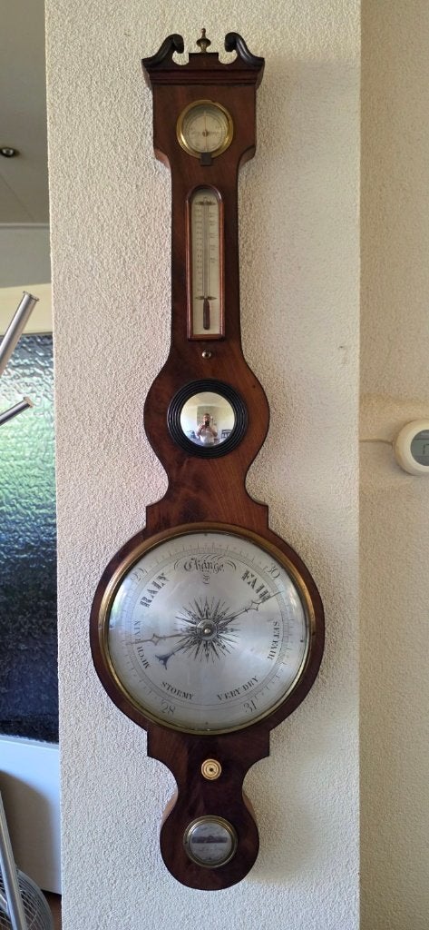 Grote Engelse Mahonie Wielbarometer ca. 1830, Ophalen of Verzenden