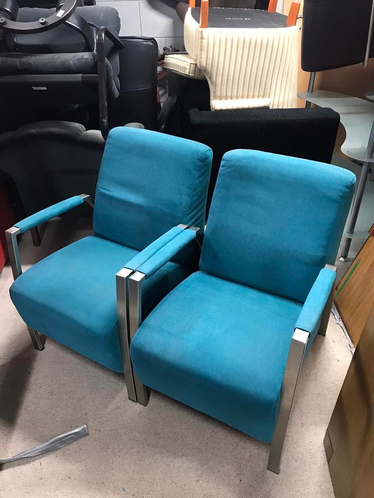 2 Petrol blauwe fauteuils met metalen frame, G, T, T, Ophalen of Verzenden