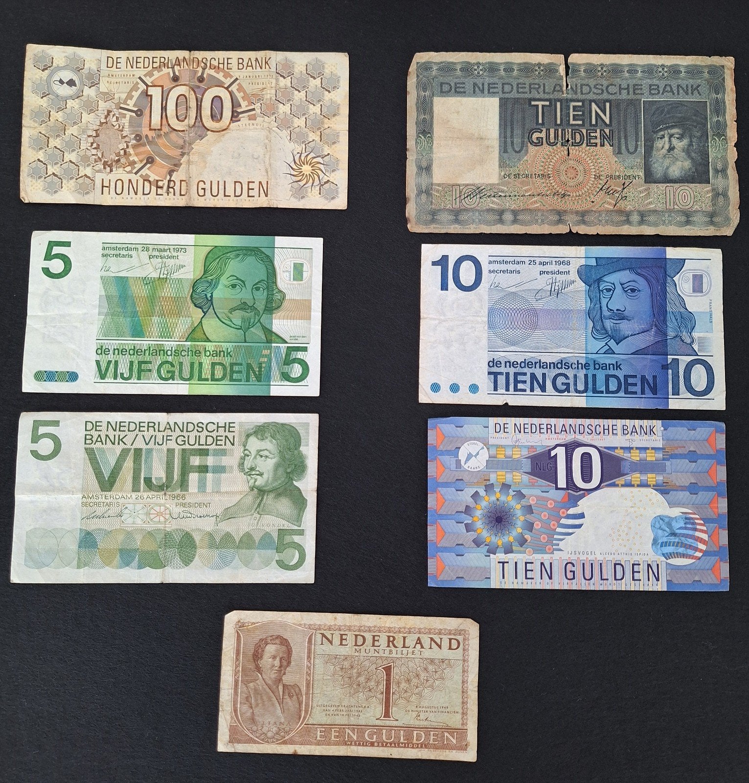 Setje 7 oude Nederlandse gulden biljetten -Diverse kwaliteit, Postzegels en Munten, Bankbiljetten | Nederland, Verzenden, 1 gulden