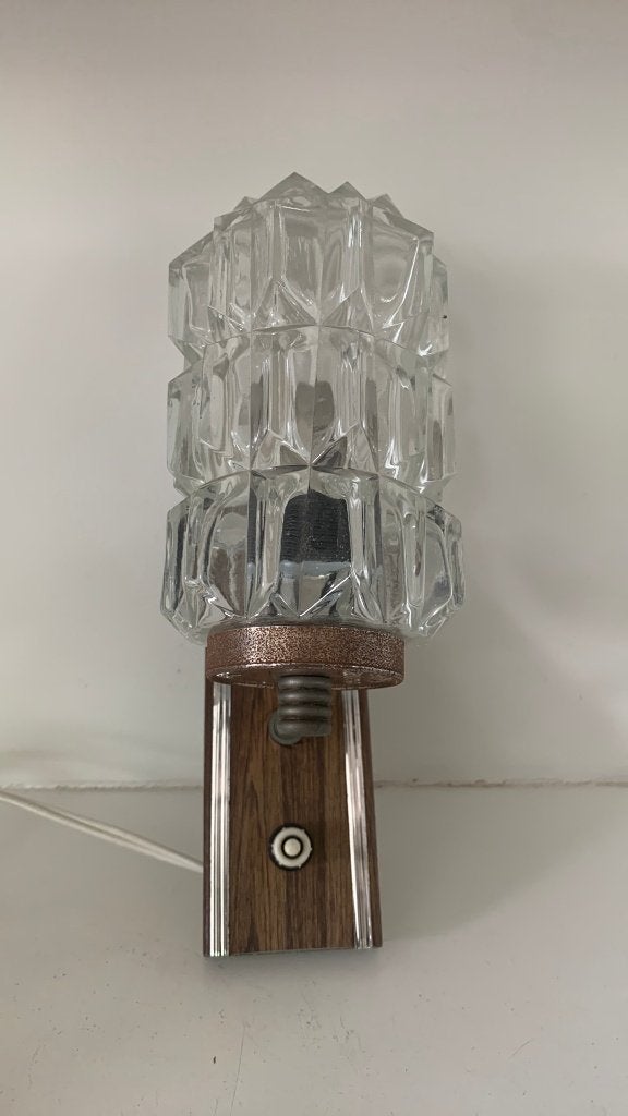 Vintage wandlamp met glazen kap en houten voet, Met snoer/stekker, Gebruikt, Bruin, Overige fittingen