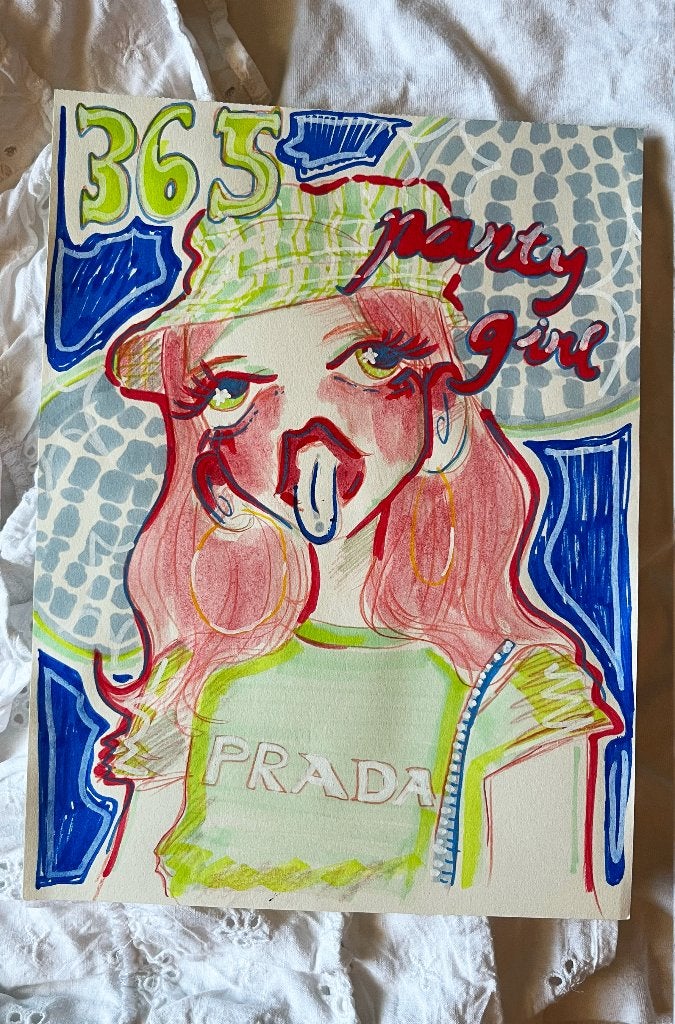 originele illustratie kunstwerk "365 party girl" , 2026, Antiek en Kunst, Ophalen of Verzenden, Tekening, Gemengde techniek, Handgemaakt