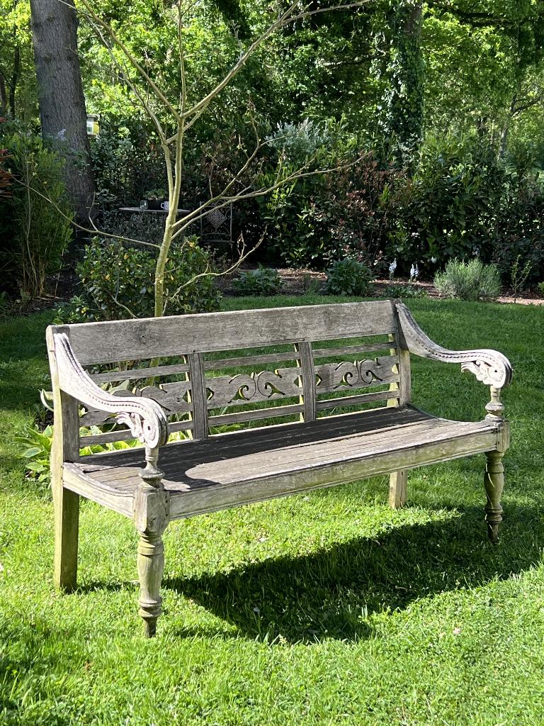 Karaktervolle hardhouten tuinbank 145 cm gebruikt, Tuin en Terras, Tuinbanken, Ophalen, Gebruikt, Teakhout