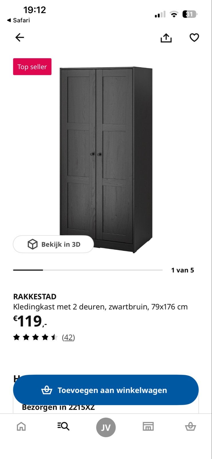 Kledingkast RAKKESTAD, zwartbruin, Huis en Inrichting, Ophalen, Gebruikt, 50 tot 100 cm, 150 tot 200 cm