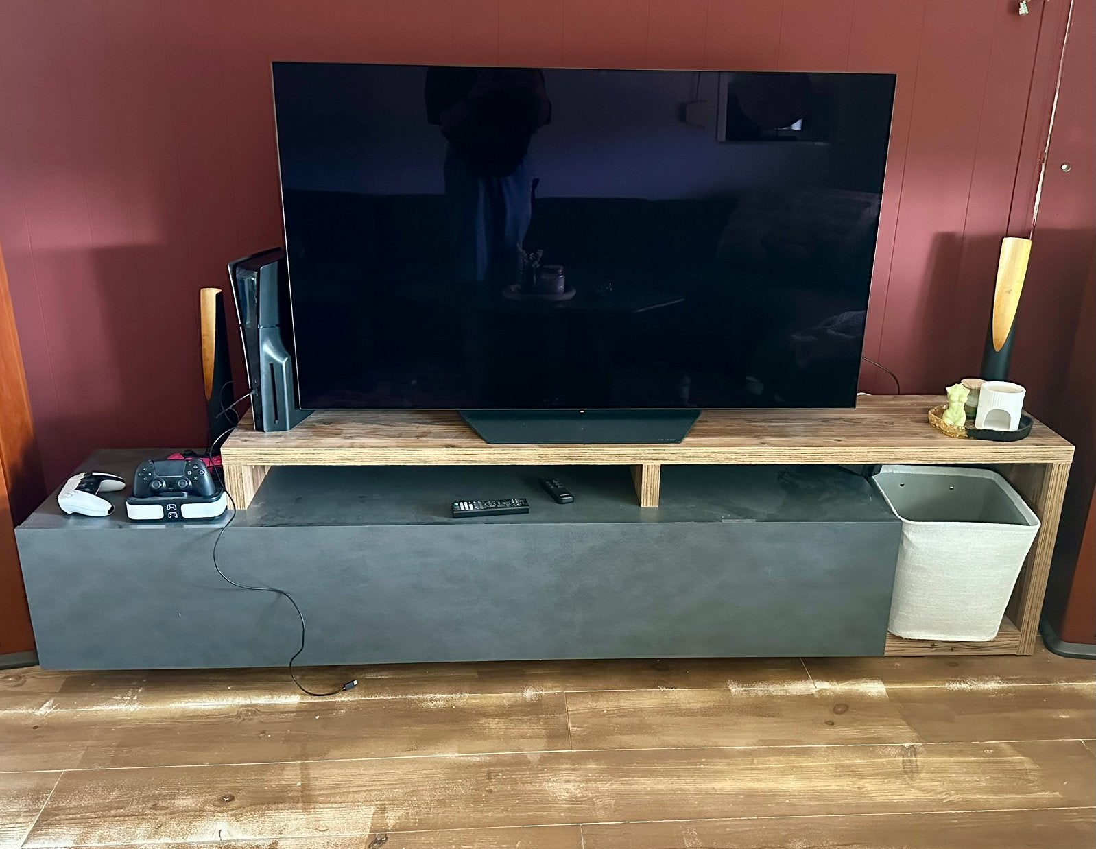 TV-meubel Bello van Meubella – eiken/antraciet – 219 cm, Ophalen, Overige materialen, Zo goed als nieuw, 200 cm of meer