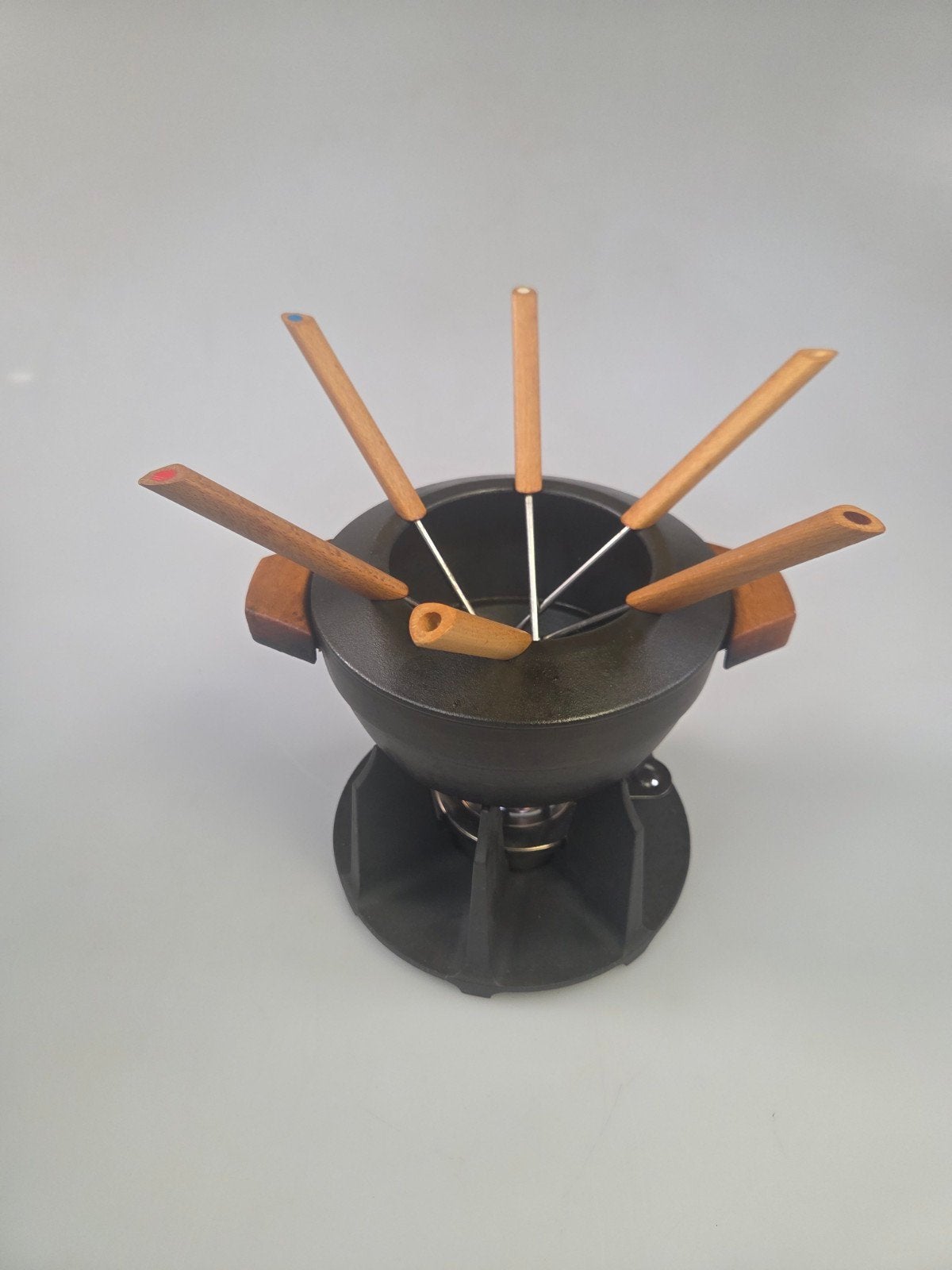Le Creuset fondueset, gietijzer, met brander en vorkjes, Ophalen of Verzenden, Gebruikt, Brander, Fondueset