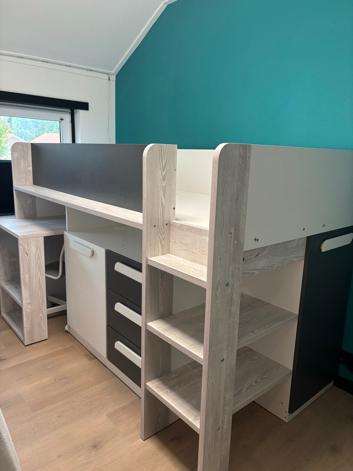 Yolo halfhoogslaper antraciet (met bureau, kasten en stoel), Ophalen, 85 tot 100 cm, Zo goed als nieuw, Hoogslaper of Stapelbed