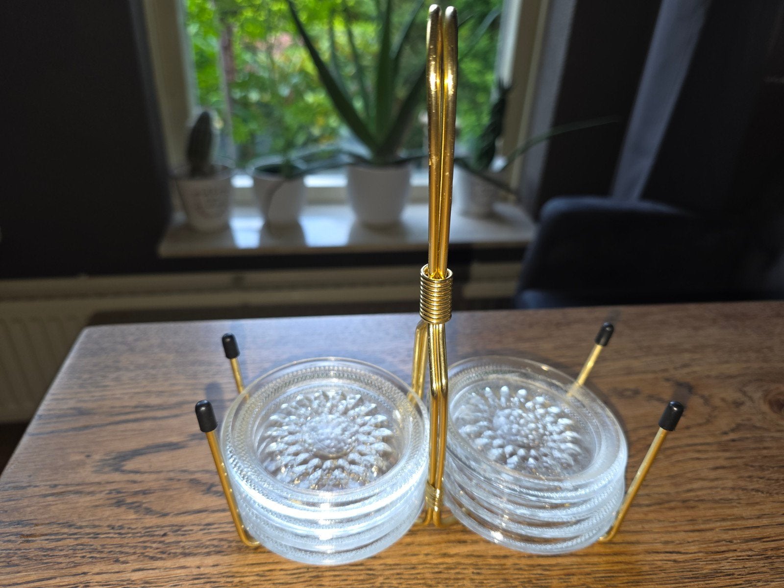 Vintage glazen onderzetters met gouden houder, Ophalen, Gebruikt, Glasonderzetter, Meerkleurig