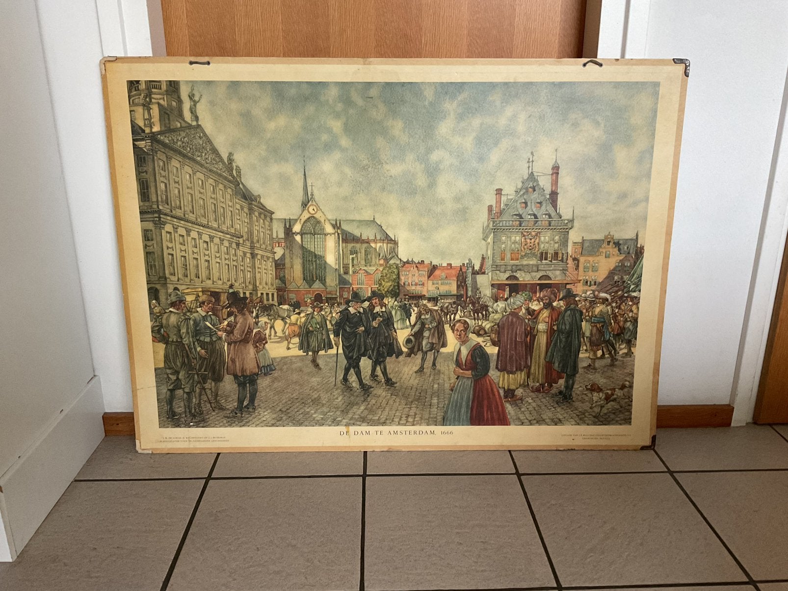 Antieke schoolplaat karton De Dam te Amsterdam, 1666, Antiek en Kunst, Antiek | Schoolplaten, Ophalen, Geschiedenis