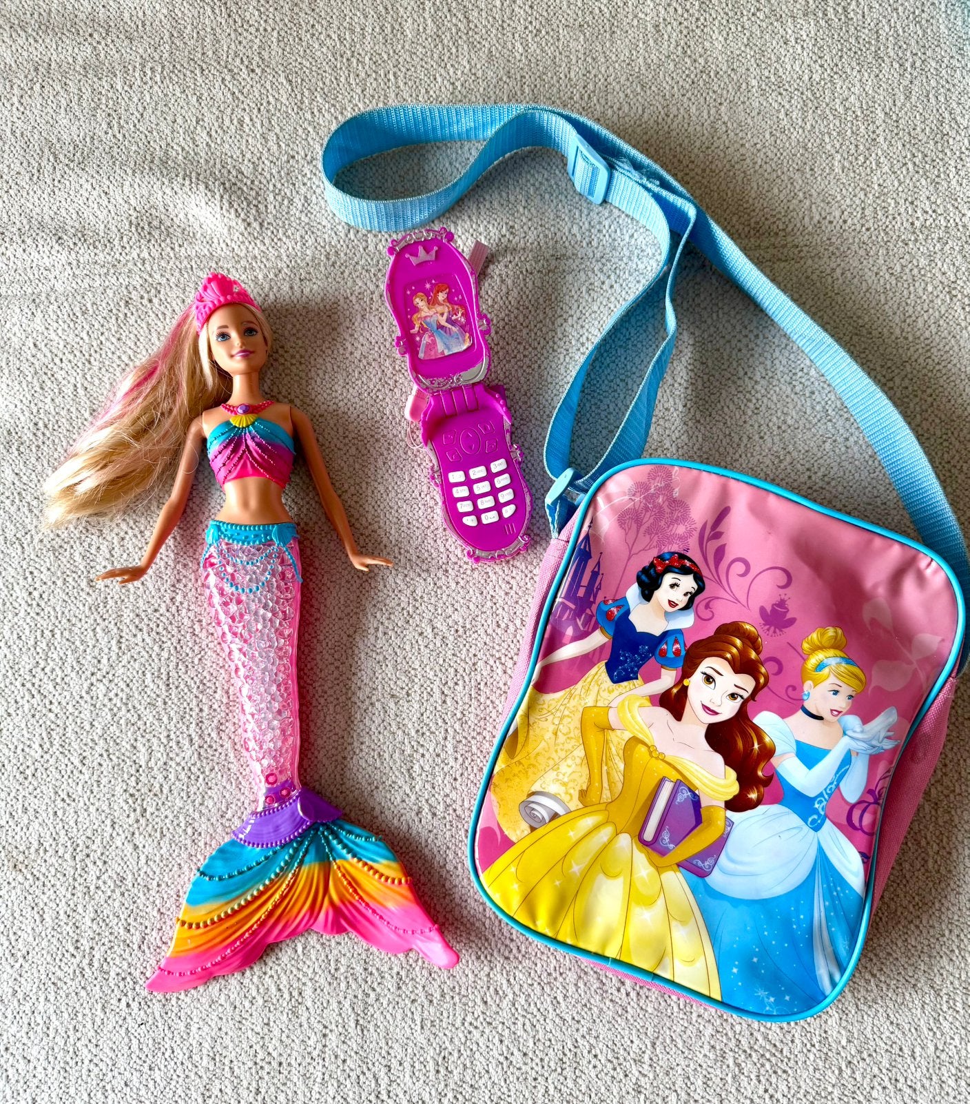 Zeemeermin Barbie met prinsessentas en telefoon, Ophalen of Verzenden, Zo goed als nieuw