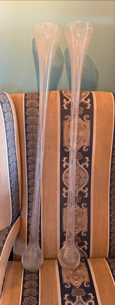 Lange glazen kelken met houten wandhouder (92 cm), Ophalen
