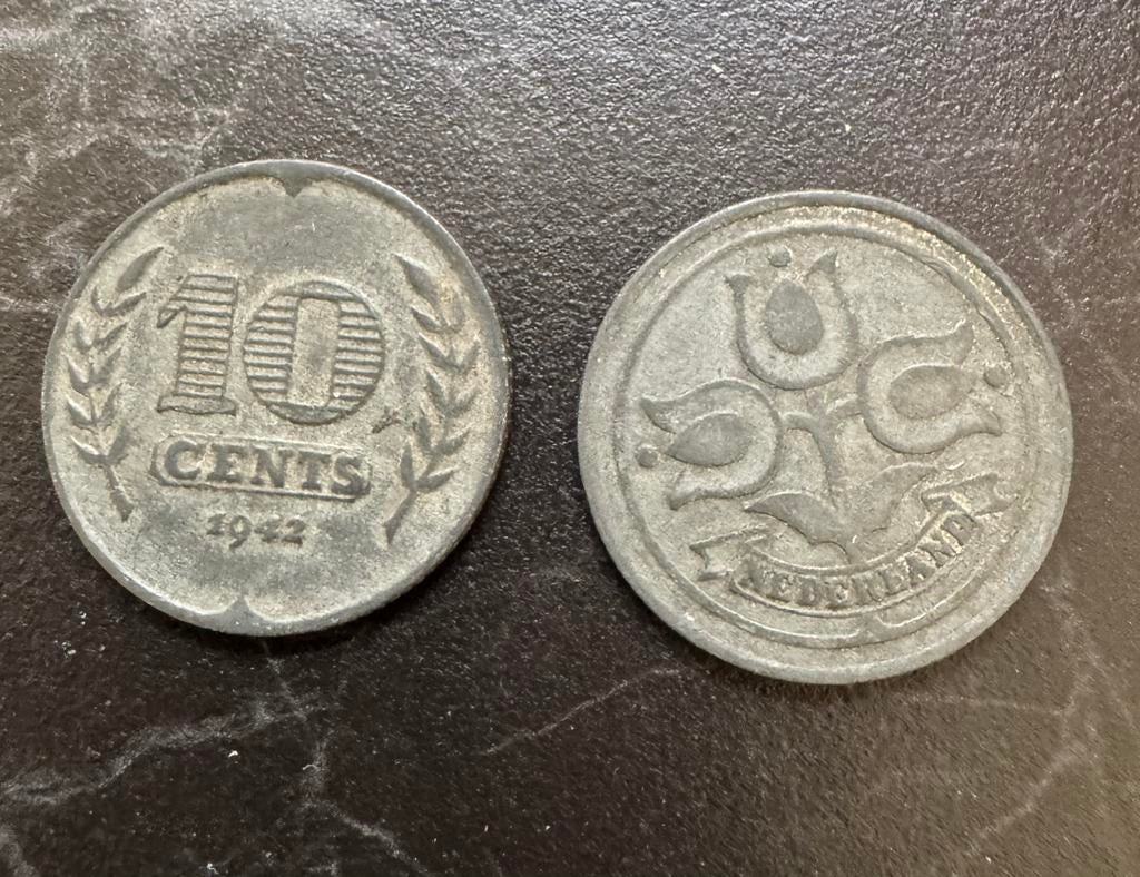 Oorlogsgeld zinken dubbeltje nederland 1942 2e wereld oorlog, Postzegels en Munten, Munten | Nederland, Losse munt, 10 cent, Koningin Wilhelmina
