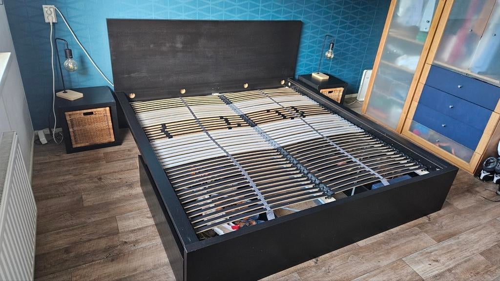 Ikea Malm zwart bed 180x200 met lattenbodems en kastjes, Huis en Inrichting, Slaapkamer | Bedden, Ophalen, Gebruikt, Zwart, Tweepersoons