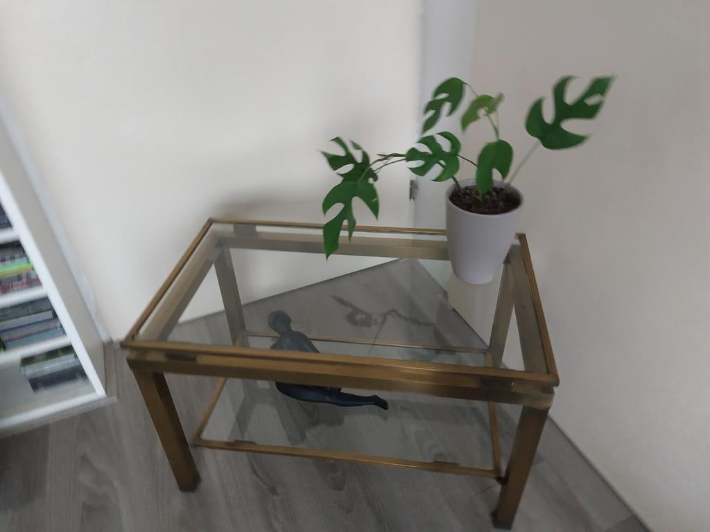 Glazen bijzettafel met gouden frame 70x40x45 cm, Huis en Inrichting, Tafels | Bijzettafels, Gebruikt, Rechthoekig, Minder dan 45 cm