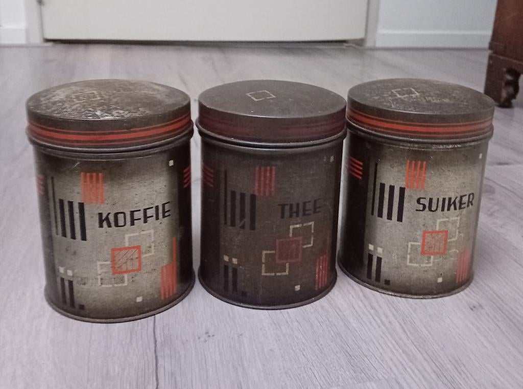 art deco koffie, thee en suiker blik, Verzamelen, Blikken, Ophalen of Verzenden, Gebruikt, Thee