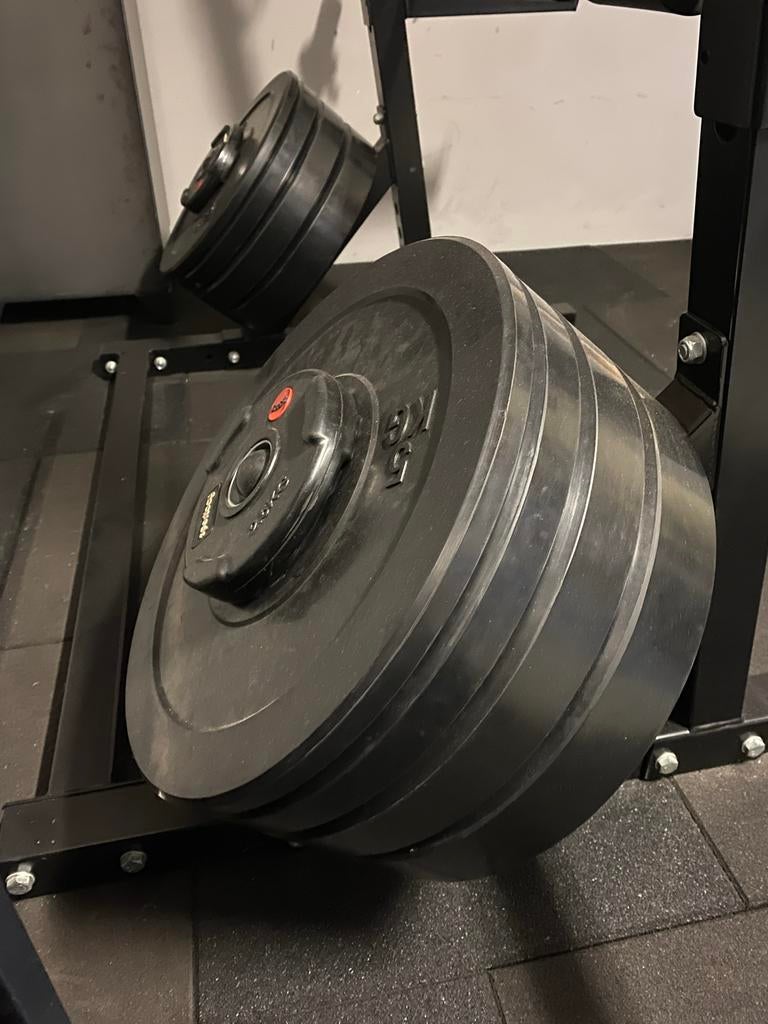 Fitness Rack 125kg olympische rubber gewichten + halterstang, Ophalen, Gebruikt, Benen, Halterset