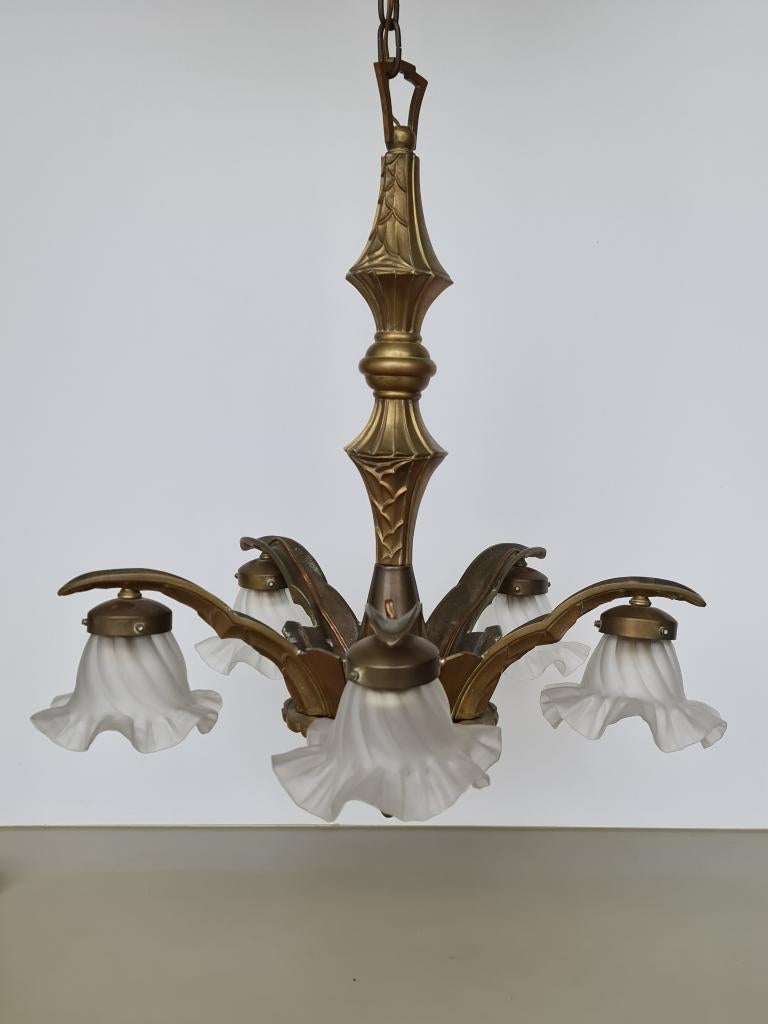 grote 5 armige art-nouveau art-deco kroonluchter luster lamp, Huis en Inrichting, Lampen | Kroonluchters, Ophalen, Gebruikt, Glas