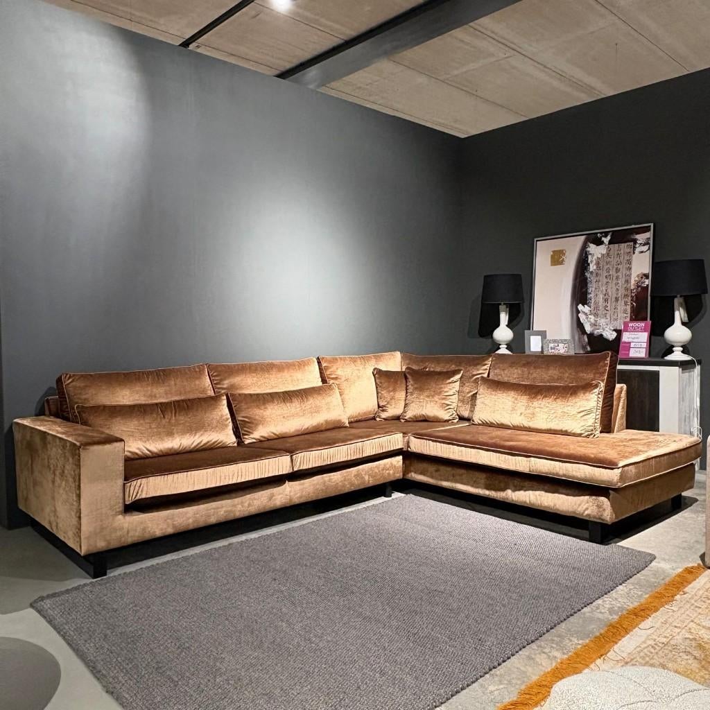 Zeer luxe hoekbank taupe goud stof Paragon 320x256cm, Ophalen, 250 tot 300 cm, Hoekbank, Nieuw