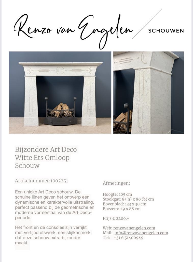 Art Deco wit marmeren antieke schouw mantel, Openhaard, Ophalen of Verzenden, Zo goed als nieuw, Vrijstaande haard, Elektrische haard
