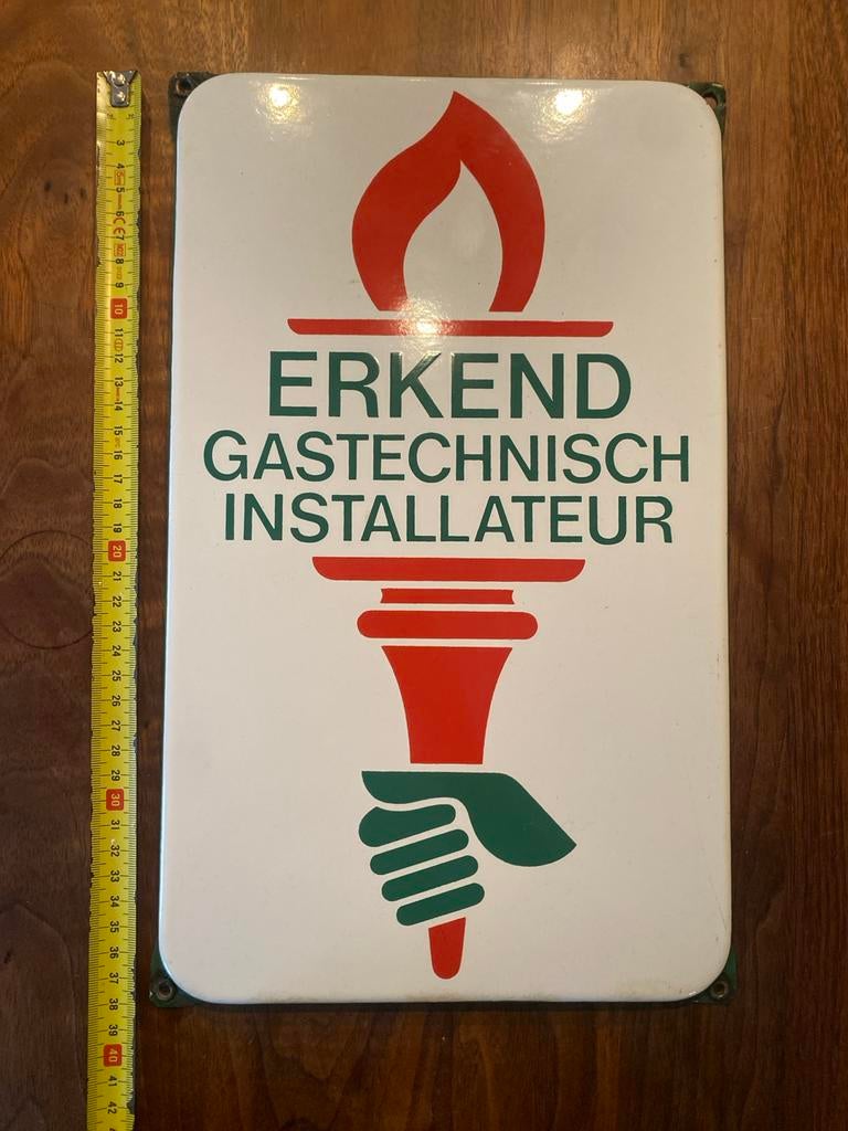 Vintage Emaille Reclamebord Erkend Gastechnisch Installateur, Ophalen of Verzenden