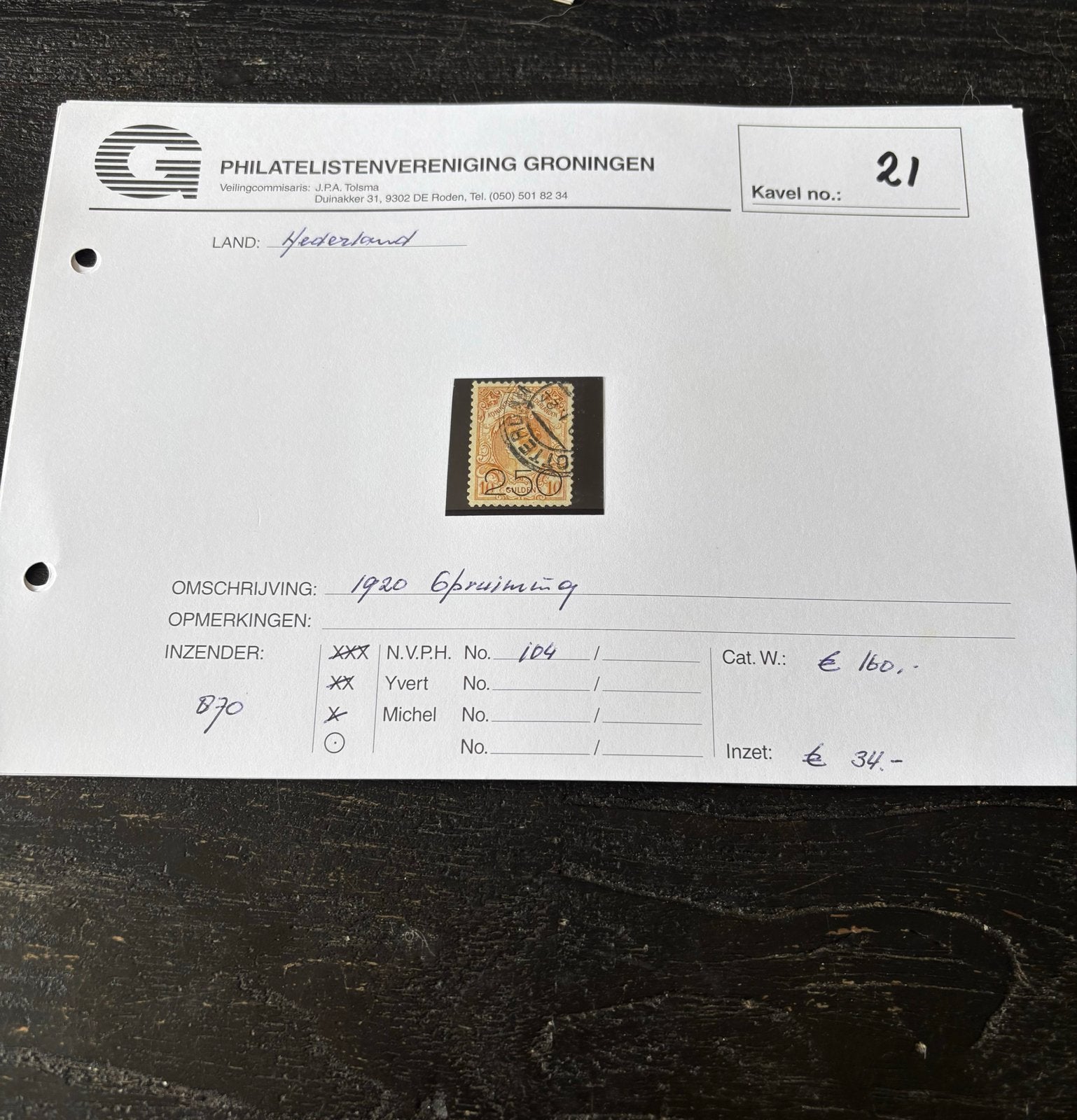 Nederland 1920: 2,50 Gulden postzegel, gestempeld, Ophalen of Verzenden, T/m 1940, Gestempeld
