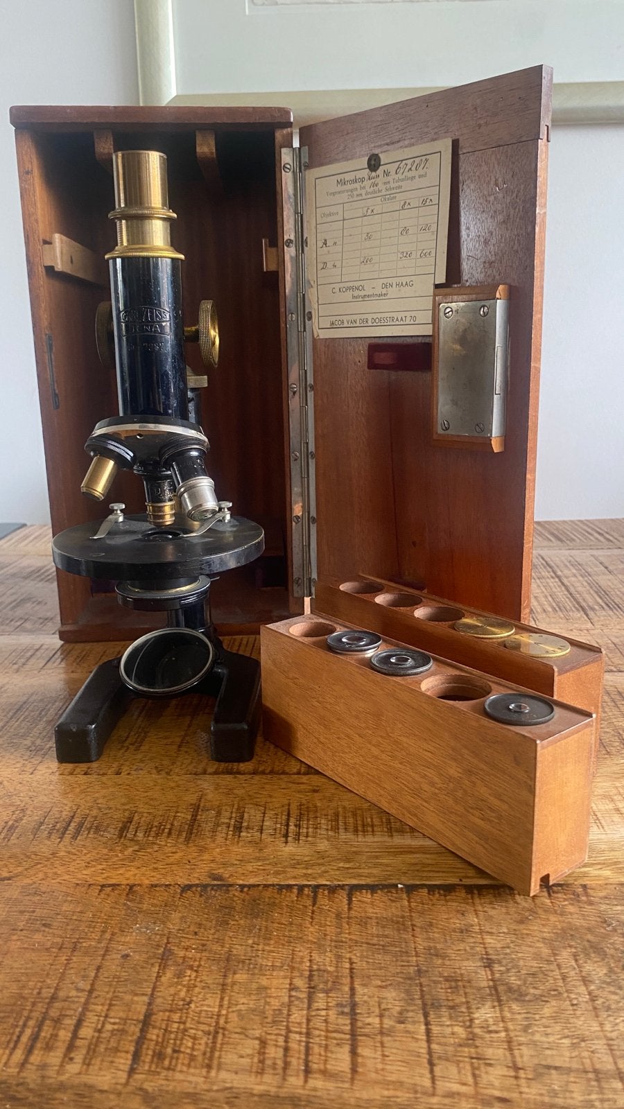 Antieke 1915 Carl Zeiss Jena Microscoop met Houten Kist, Ophalen of Verzenden, Gebruikt, 400x tot 1000x, Biologische microscoop
