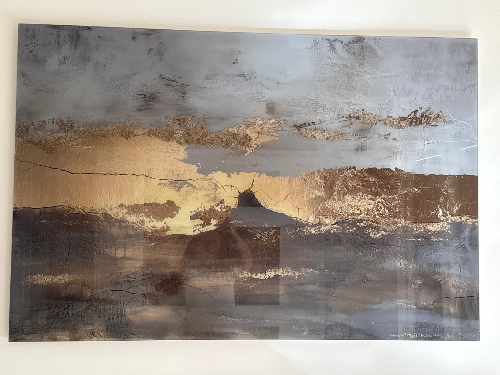Groot Plexiglas Schilderij 1.50x1.00m Grijs/Goud Abstract, Ophalen, Kunststof, Ophangklaar, Abstract