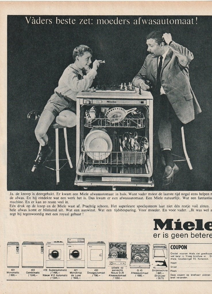 Retro reclame 1966 Miele vaatwasmachine jongetje schaakbord, Verzenden, Overige typen
