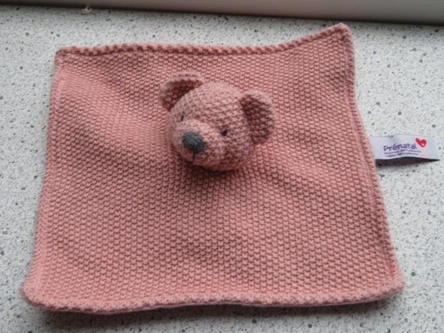 Knuffeldoek beer roze van Prénatal met gehaakte bovenkant, Prénatal, Beer, Ophalen of Verzenden, Zo goed als nieuw