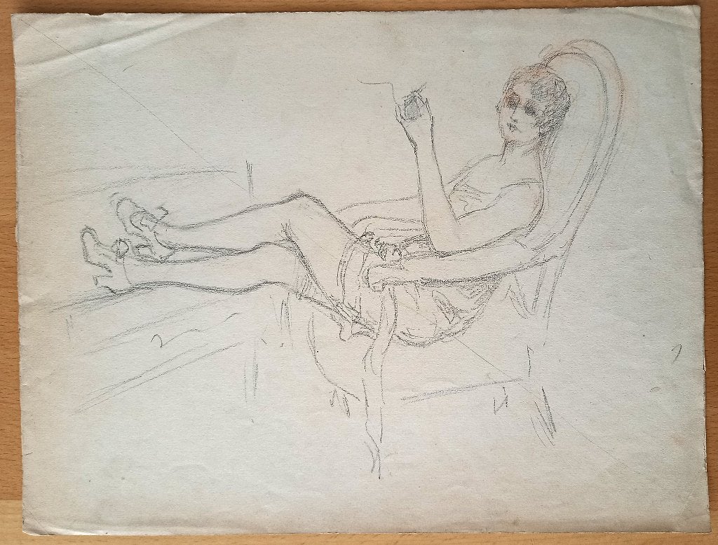 A493-36 Oude tekening en aquarel - Vrouw in lingerie - Vaas, Antiek en Kunst, Ophalen of Verzenden